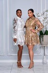 EMBROIDERED LONG CUFF SLEEVES BELTED MINI DRESS (GOLD)
