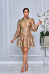 EMBROIDERED LONG CUFF SLEEVES BELTED MINI DRESS (GOLD)