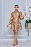 EMBROIDERED LONG CUFF SLEEVES BELTED MINI DRESS (GOLD)