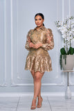 EMBROIDERED LONG CUFF SLEEVES BELTED MINI DRESS (GOLD)