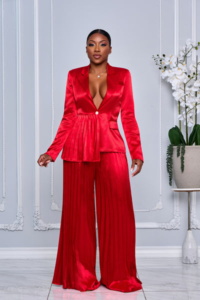 PLEATING DETAIL BLAZER AND WIDE LEG PANTS SET (RED)