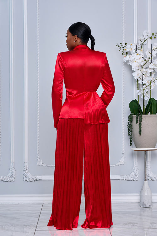 PLEATING DETAIL BLAZER AND WIDE LEG PANTS SET (RED)