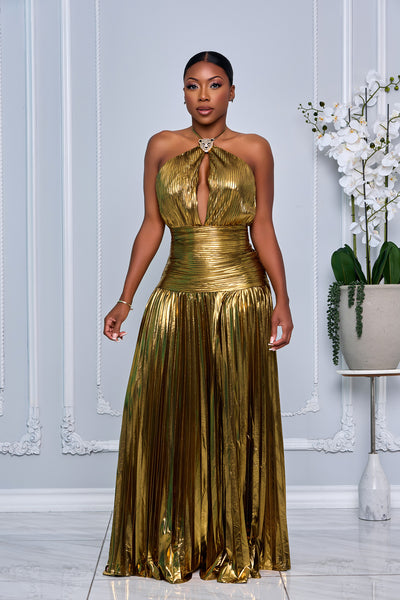 GOLDEN METALLIC PLEATED HALTER OPEN BACK MAXI DRESS