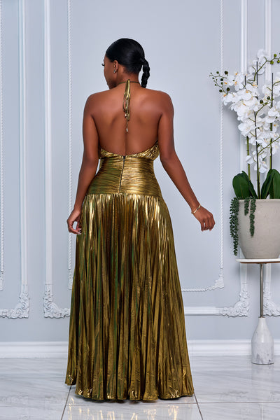 GOLDEN METALLIC PLEATED HALTER OPEN BACK MAXI DRESS