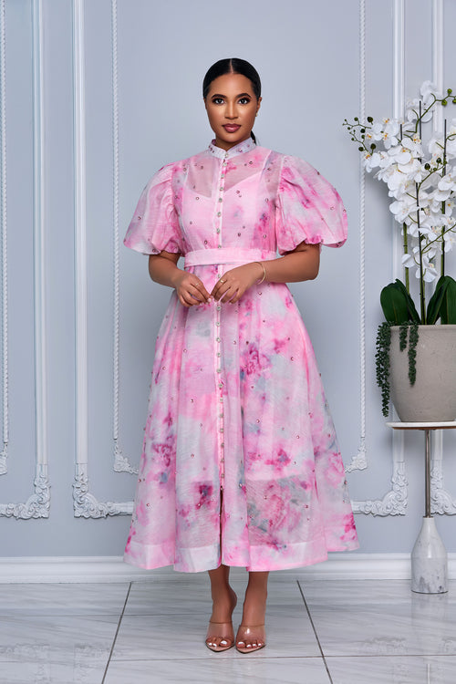 PINK RHINESTONE EMBELLISHED BUTTON DOWN A-LINE DRESS (PINK MULTI)