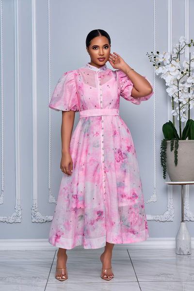 PINK RHINESTONE EMBELLISHED BUTTON DOWN A-LINE DRESS (PINK MULTI)