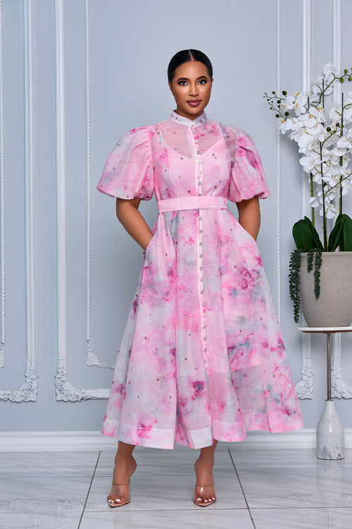 PINK RHINESTONE EMBELLISHED BUTTON DOWN A-LINE DRESS (PINK MULTI)