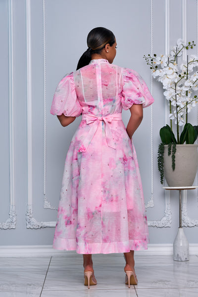 PINK RHINESTONE EMBELLISHED BUTTON DOWN A-LINE DRESS (PINK MULTI)