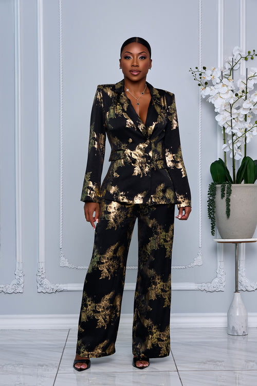 DOUBLE-BREASTED BLAZER & WIDE LEG PANTS SET (BLACK/GOLD)