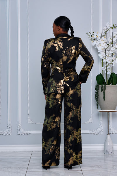 DOUBLE-BREASTED BLAZER & WIDE LEG PANTS SET (BLACK/GOLD)
