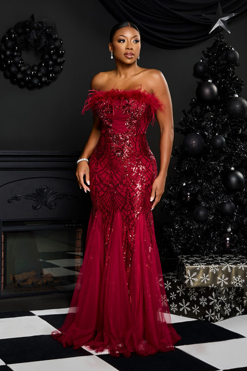 STRAPLESS FEATHER TRIM NECKLINE SEQUIN EMBROIDERED MAXI DRESS