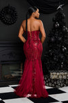 STRAPLESS FEATHER TRIM NECKLINE SEQUIN EMBROIDERED MAXI DRESS