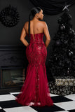 STRAPLESS FEATHER TRIM NECKLINE SEQUIN EMBROIDERED MAXI DRESS