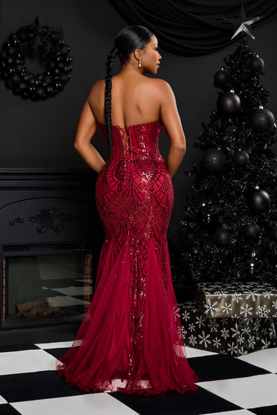 STRAPLESS FEATHER TRIM NECKLINE SEQUIN EMBROIDERED MAXI DRESS