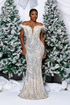 OFF SHOULDER FEATHER TRIM SEQUIN GOWN