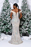 OFF SHOULDER FEATHER TRIM SEQUIN GOWN