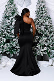 SINGLE SHOULDER BOW DETAIL MERMAID DRESS (BLACK)