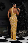 GOLD CRYSTAL SEQUIN EMBELLISHED MAXI DRESS