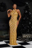 GOLD CRYSTAL SEQUIN EMBELLISHED MAXI DRESS