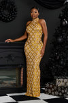 GOLD CRYSTAL SEQUIN EMBELLISHED MAXI DRESS