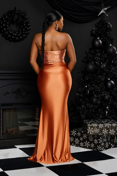 RECTANGLE RHINESTONE SATIN MERMAID MAXI DRESS (CINNAMON)