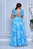 V-NECK RUFFLES TIE BACK TIERED MAXI DRESS (BLUE MULTI)