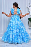 V-NECK RUFFLES TIE BACK TIERED MAXI DRESS (BLUE MULTI)