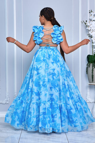 V-NECK RUFFLES TIE BACK TIERED MAXI DRESS (BLUE MULTI)