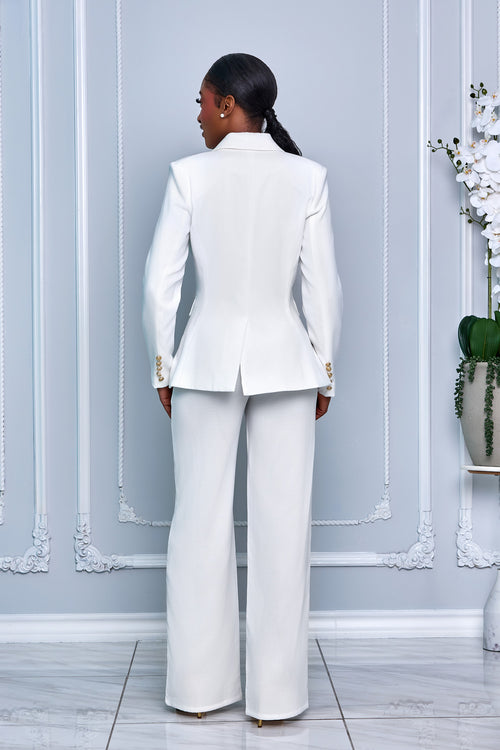 SOLID LINEN DOUBLE BREASTED BLAZER & PANTS (WHITE)