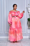 FLORAL PRINT OFF SHOULDER MAXI FLOWY DRESS (PINK)