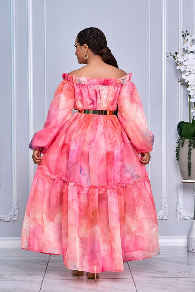 FLORAL PRINT OFF SHOULDER MAXI FLOWY DRESS (PINK)