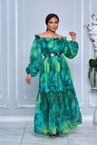 FLORAL PRINT OFF SHOULDER MAXI FLOWY DRESS (GREEN)