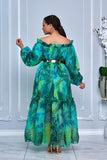 FLORAL PRINT OFF SHOULDER MAXI FLOWY DRESS (GREEN)