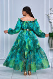 FLORAL PRINT OFF SHOULDER MAXI FLOWY DRESS (GREEN)