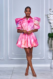 PRINTED BIG PUFF RUCHED SLEEVE TAFFETA BUTTON UP DRESS