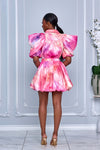 PRINTED BIG PUFF RUCHED SLEEVE TAFFETA BUTTON UP DRESS