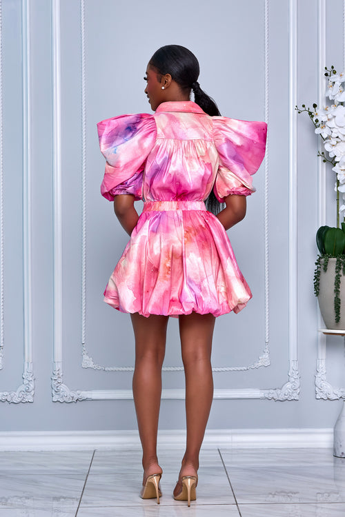 PRINTED BIG PUFF RUCHED SLEEVE TAFFETA BUTTON UP DRESS