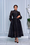 RHINESTONE EMBELLISHED BUTTON DOWN A-LINE DRESS (BLACK)