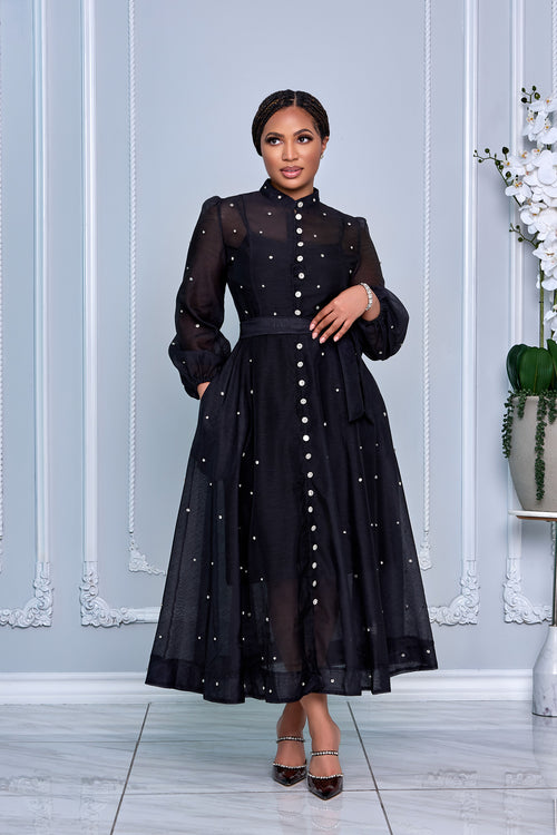 RHINESTONE EMBELLISHED BUTTON DOWN A-LINE DRESS (BLACK)