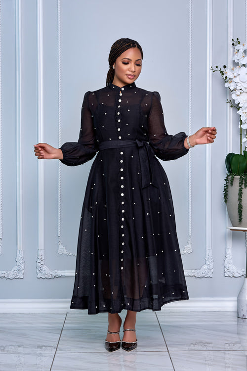 RHINESTONE EMBELLISHED BUTTON DOWN A-LINE DRESS (BLACK)