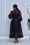 RHINESTONE EMBELLISHED BUTTON DOWN A-LINE DRESS (BLACK)