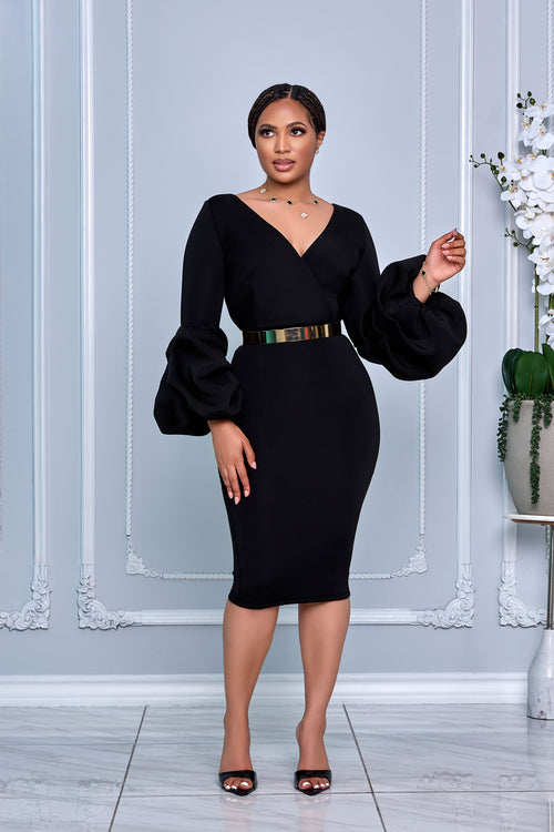 CHIC V-NECK MIDI DRESS WITH DRAMATIC PUFF SLEEVES (BLACK)