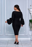 CHIC V-NECK MIDI DRESS WITH DRAMATIC PUFF SLEEVES (BLACK)