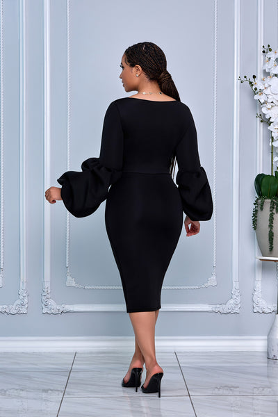 CHIC V-NECK MIDI DRESS WITH DRAMATIC PUFF SLEEVES (BLACK)