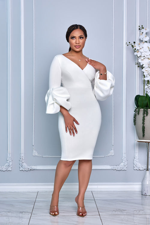 CHIC V-NECK MIDI DRESS WITH DRAMATIC PUFF SLEEVES (WHITE)