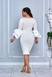 CHIC V-NECK MIDI DRESS WITH DRAMATIC PUFF SLEEVES (WHITE)