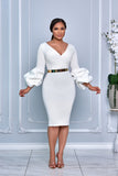 CHIC V-NECK MIDI DRESS WITH DRAMATIC PUFF SLEEVES (WHITE)