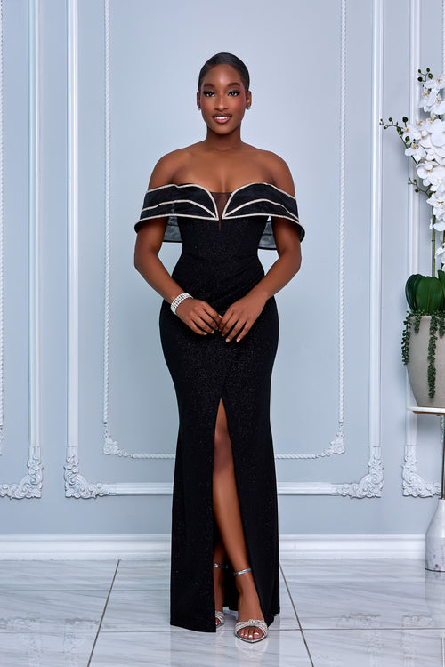 RHINESTONE MESH PANEL GLITTER MAXI DRESS (BLACK)