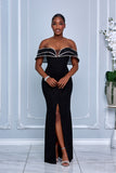 RHINESTONE MESH PANEL GLITTER MAXI DRESS (BLACK)