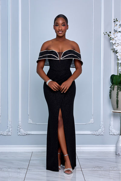 RHINESTONE MESH PANEL GLITTER MAXI DRESS (BLACK)